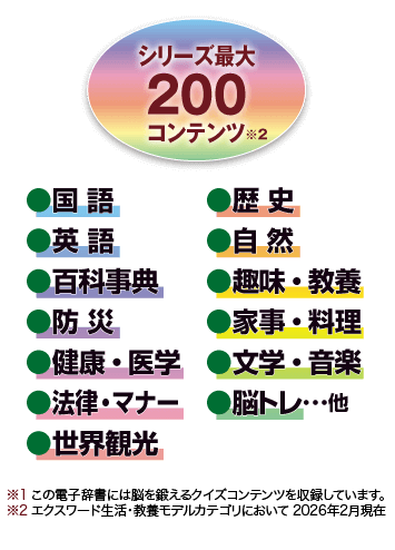 シリーズ最大200コンテンツ ●国語●英語●百科事典●防災●健康・医学●法律・マナー●世界観光 ※1 この電子辞書には脳を鍛えるクイズコンテンツを収録しています。 ※2 エクスワード生活・教養モデルカテゴリにおいて 2024年1月現在